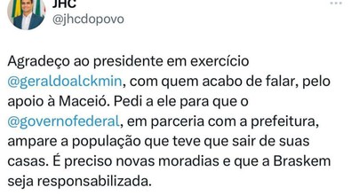 JHC liga para Geraldo Alckmin e pede apoio da União para amparo de moradores